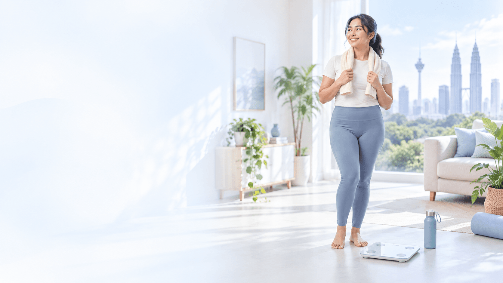 Malaysian woman in a bright home wellness setting